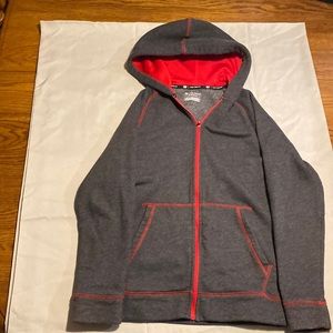 Gray and red hooded zip up boy sweatshirt. Size medium